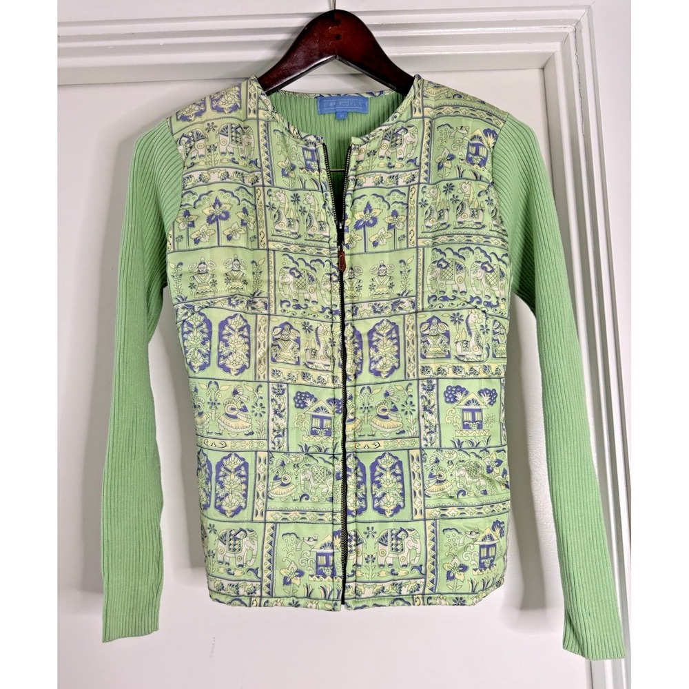 Vtg Rare XS J.Mclaughlin Green Zip Up Silk‎ Sweater Jacket Aztec Tribal Animals